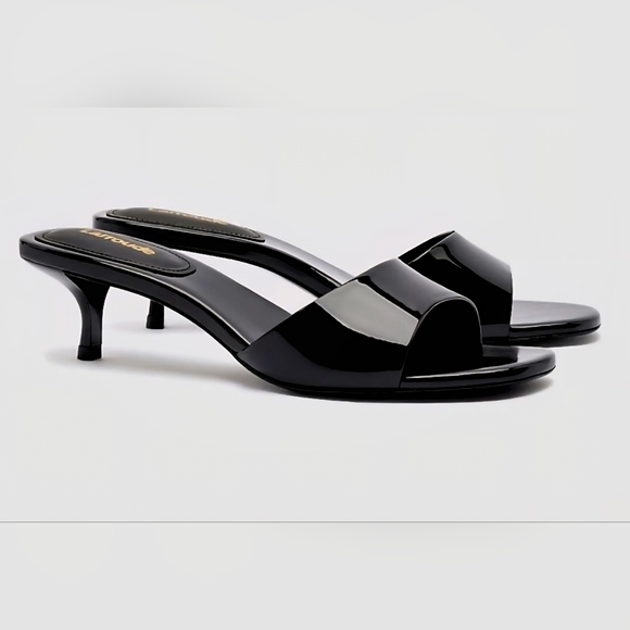 Larroude Shoes - Larroudé Greta Black Patent Leather Kitten Heel Mules | Size 7 | NWT